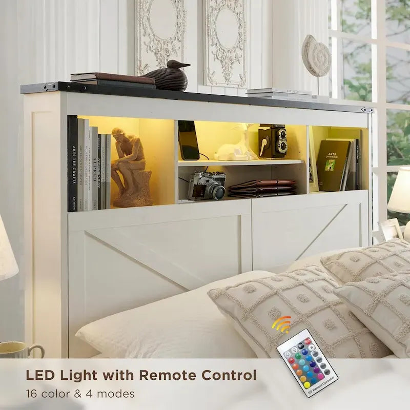 King Farmhouse Storage Bed Frame with Bookshelf Headboard, Sliding Barn Door, LED Lights, Charging Station & 4 Drawers, 900lb Capacity