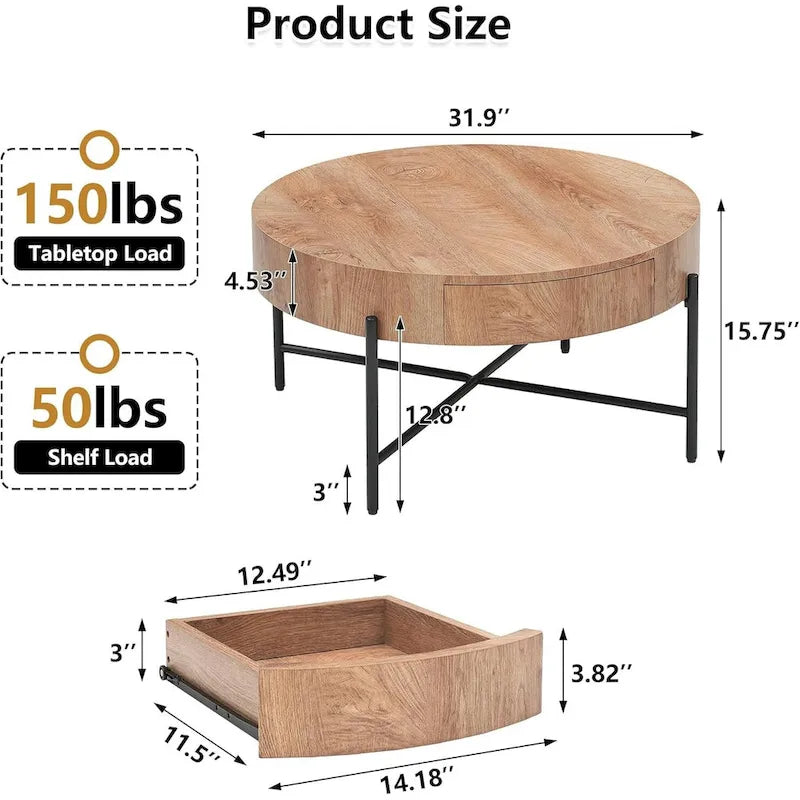 This round coffee table features high-density, high-quality MDF (medium-density fiberboard) that is waterproof and wear-resistant, paired with metal legs.