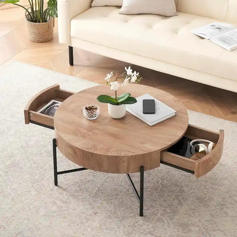 This round coffee table features high-density, high-quality MDF (medium-density fiberboard) that is waterproof and wear-resistant, paired with metal legs.
