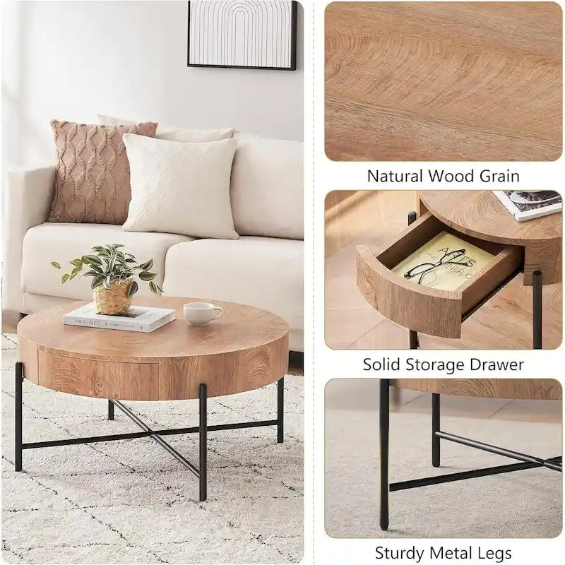 This round coffee table features high-density, high-quality MDF (medium-density fiberboard) that is waterproof and wear-resistant, paired with metal legs.