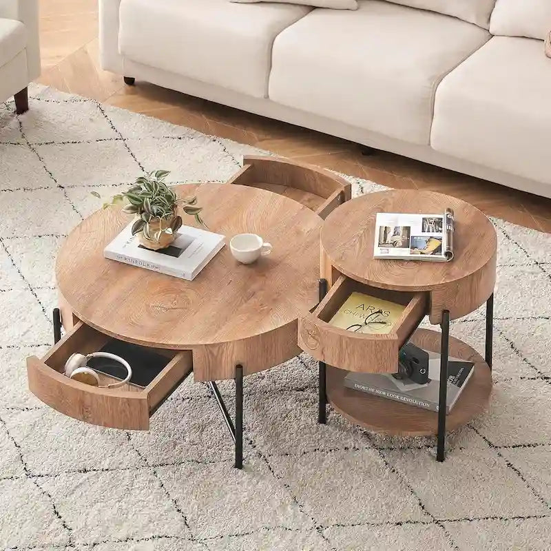 This round coffee table features high-density, high-quality MDF (medium-density fiberboard) that is waterproof and wear-resistant, paired with metal legs.