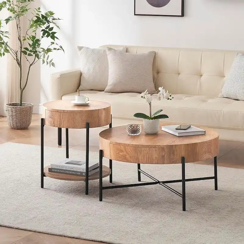 This round coffee table features high-density, high-quality MDF (medium-density fiberboard) that is waterproof and wear-resistant, paired with metal legs.