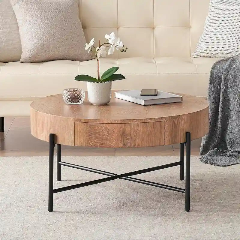 This round coffee table features high-density, high-quality MDF (medium-density fiberboard) that is waterproof and wear-resistant, paired with metal legs.