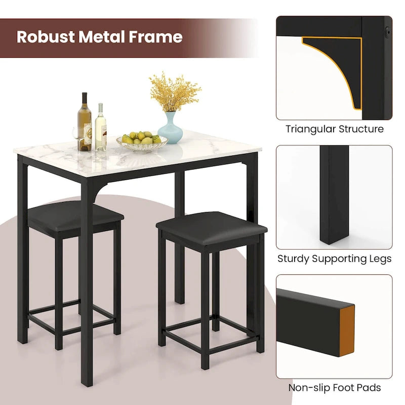 3 Piece Counter Height Dining Set Faux Marble Table 2 Chairs