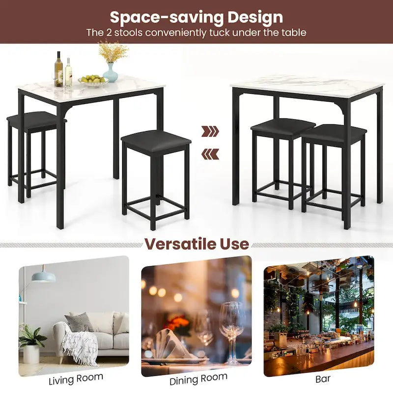 3 Piece Counter Height Dining Set Faux Marble Table 2 Chairs