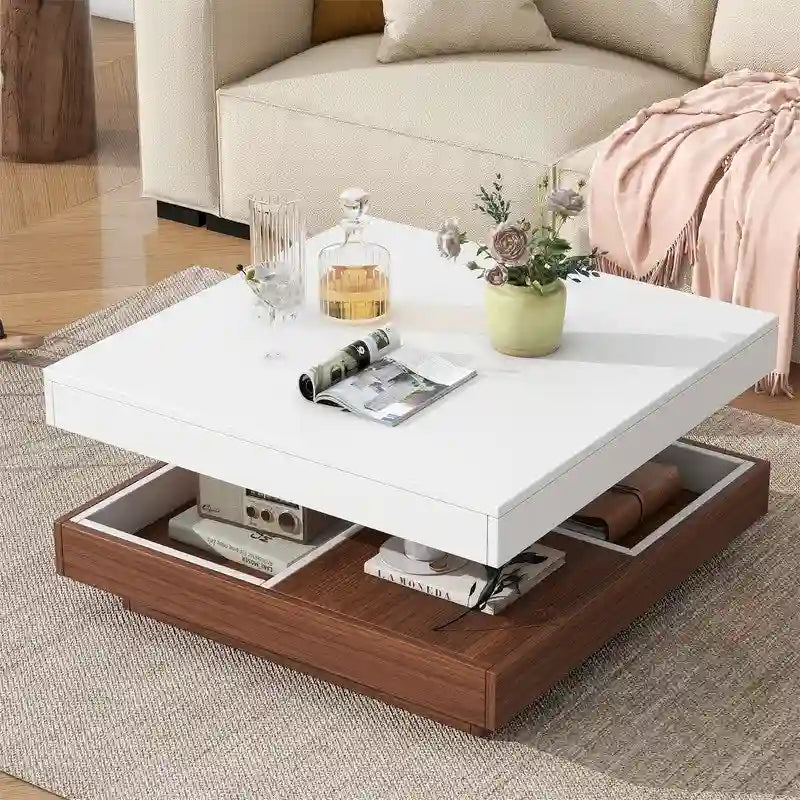 Multi-Functional Rotating Coffee Table, 3 Removable Trays, 220 lb Weight Capacity, MDF & Veneer