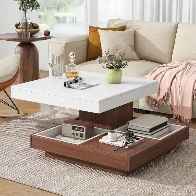 Multi-Functional Rotating Coffee Table, 3 Removable Trays, 220 lb Weight Capacity, MDF & Veneer