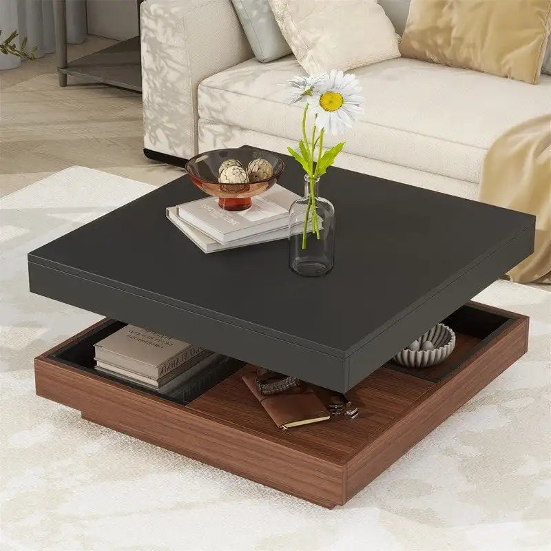 Multi-Functional Rotating Coffee Table, 3 Removable Trays, 220 lb Weight Capacity, MDF & Veneer