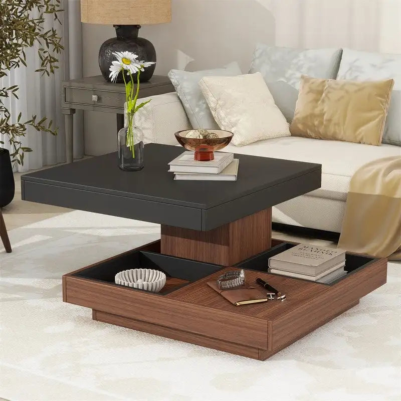 Multi-Functional Rotating Coffee Table, 3 Removable Trays, 220 lb Weight Capacity, MDF & Veneer