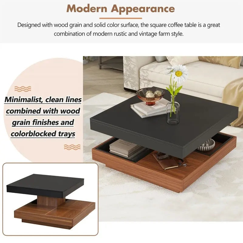 Multi-Functional Rotating Coffee Table, 3 Removable Trays, 220 lb Weight Capacity, MDF & Veneer