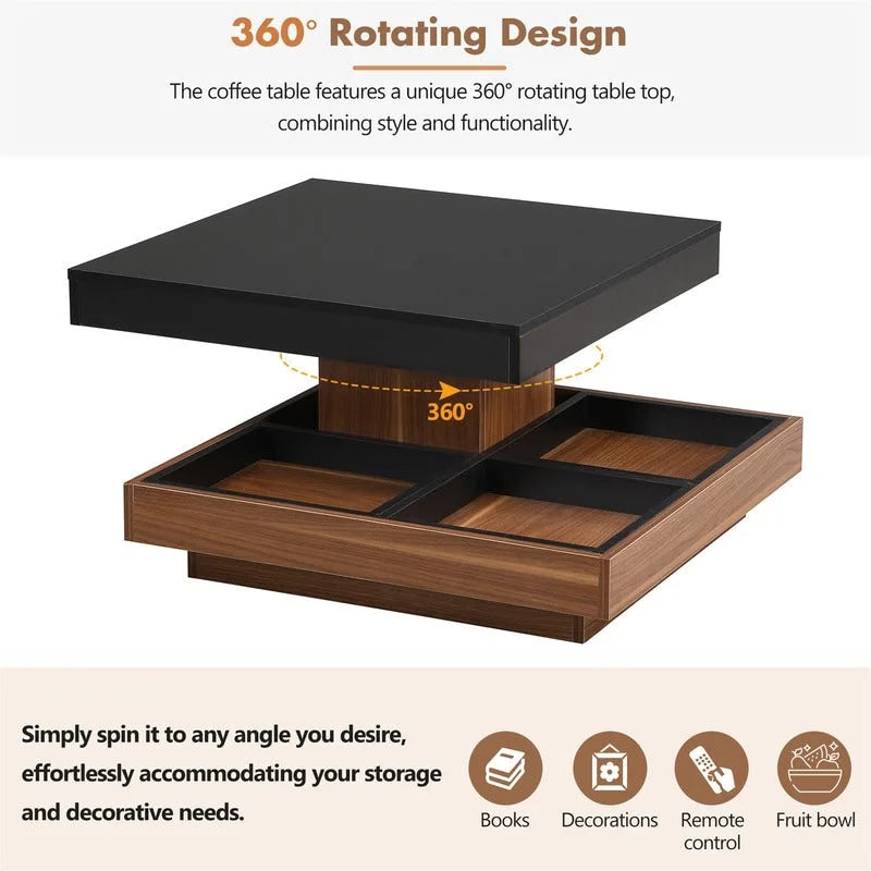 Multi-Functional Rotating Coffee Table, 3 Removable Trays, 220 lb Weight Capacity, MDF & Veneer