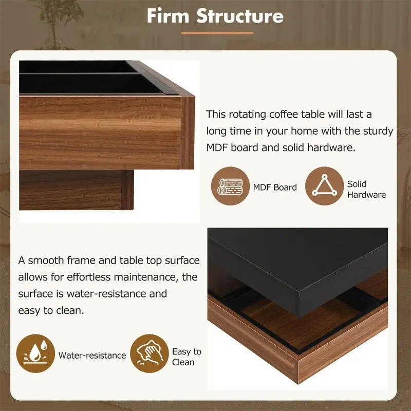 Multi-Functional Rotating Coffee Table, 3 Removable Trays, 220 lb Weight Capacity, MDF & Veneer