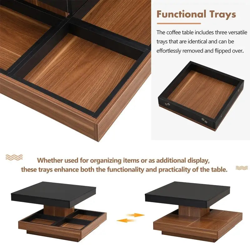Multi-Functional Rotating Coffee Table, 3 Removable Trays, 220 lb Weight Capacity, MDF & Veneer