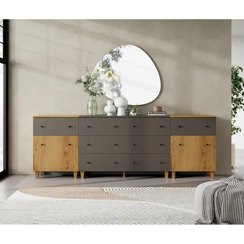 A three-in-one wide modern dressing table, equipped with 8 drawers and 4 adjustable compartments, includes an anti-tipping safety kit and a faux linen finish.