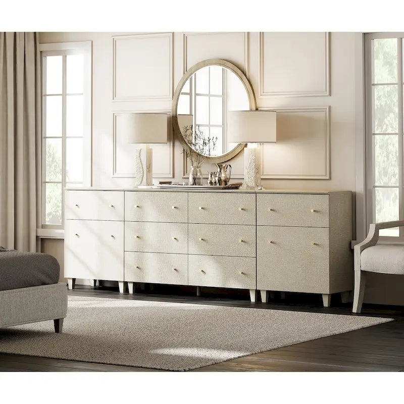 A three-in-one wide modern dressing table, equipped with 8 drawers and 4 adjustable compartments, includes an anti-tipping safety kit and a faux linen finish.