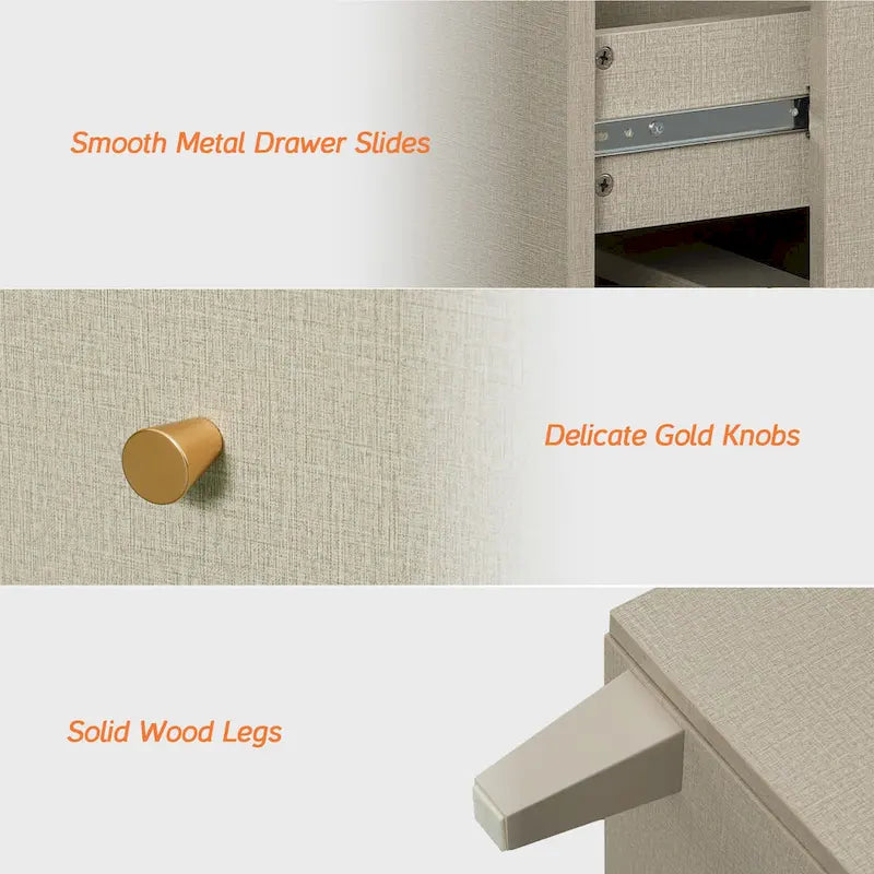 A three-in-one wide modern dressing table, equipped with 8 drawers and 4 adjustable compartments, includes an anti-tipping safety kit and a faux linen finish.