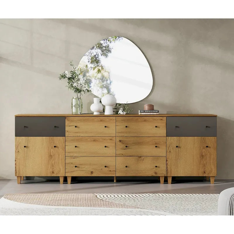 A three-in-one wide modern dressing table, equipped with 8 drawers and 4 adjustable compartments, includes an anti-tipping safety kit and a faux linen finish.
