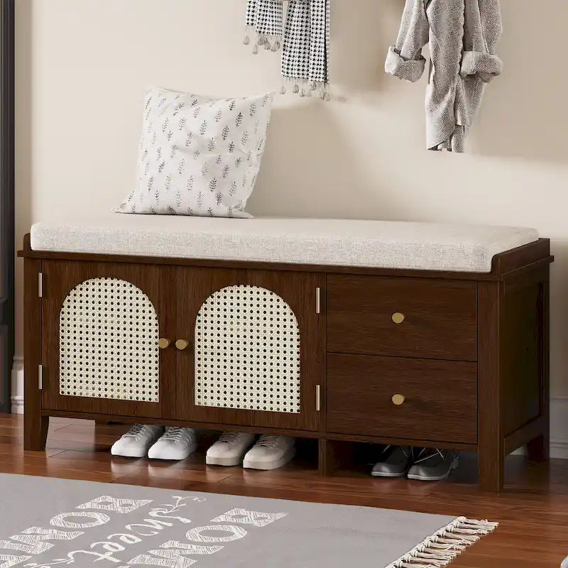 Shoe Storage Bench with Cushion, Rattan & Gold Handles, Adjustable Shelves, Supports 350 lbs Top Weight