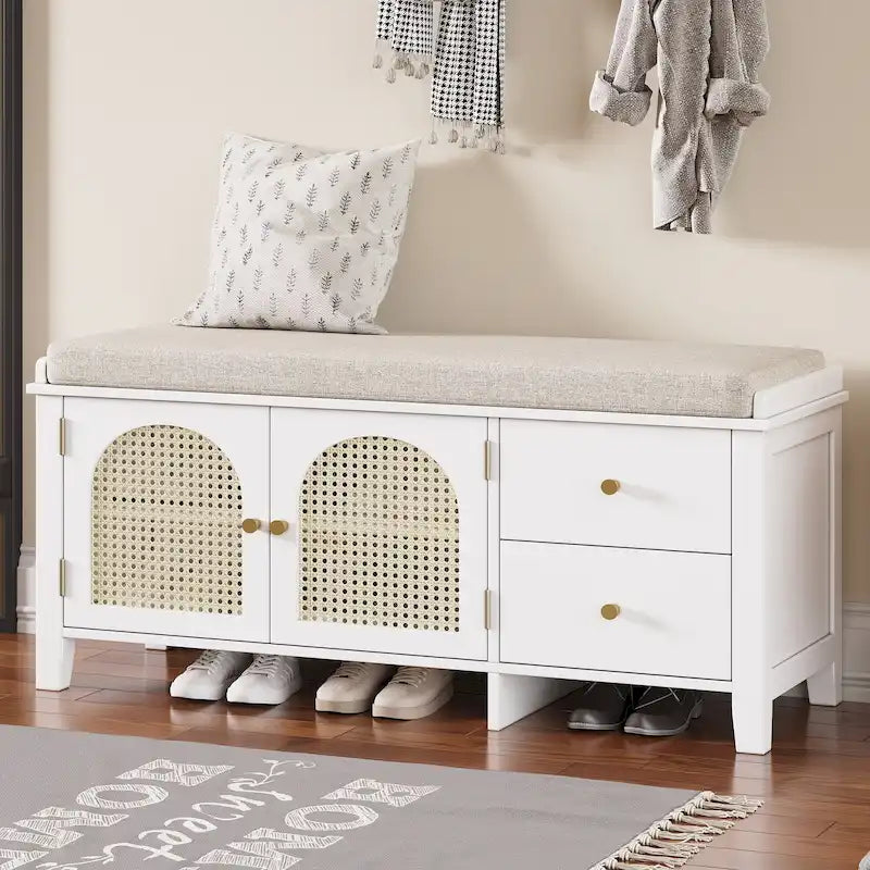 Shoe Storage Bench with Cushion, Rattan & Gold Handles, Adjustable Shelves, Supports 350 lbs Top Weight