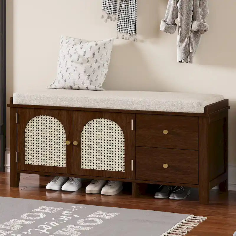 Shoe Storage Bench with Cushion, Rattan & Gold Handles, Adjustable Shelves, Supports 350 lbs Top Weight