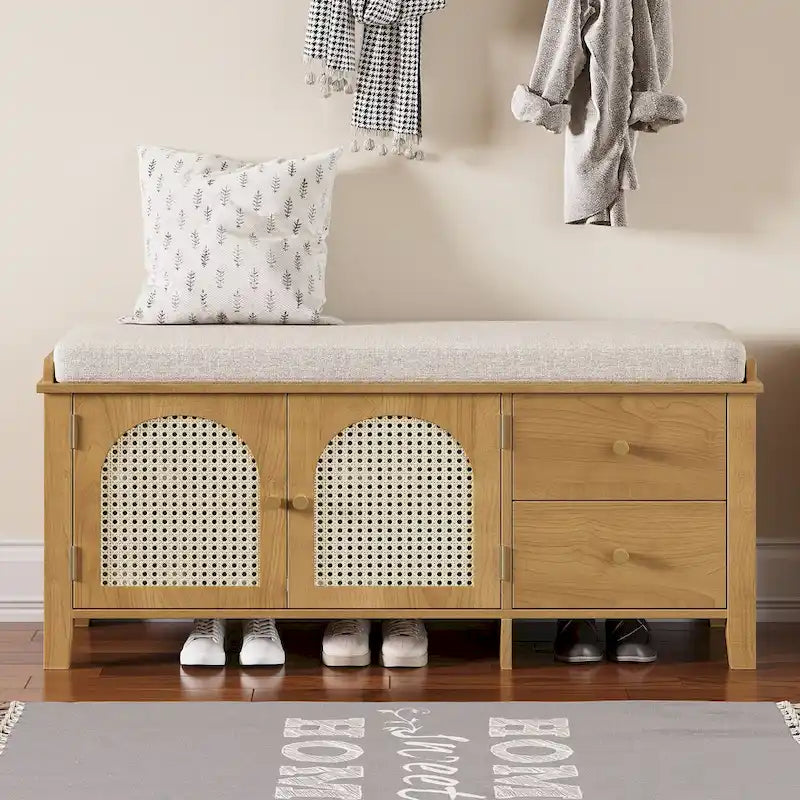 Shoe Storage Bench with Cushion, Rattan & Gold Handles, Adjustable Shelves, Supports 350 lbs Top Weight