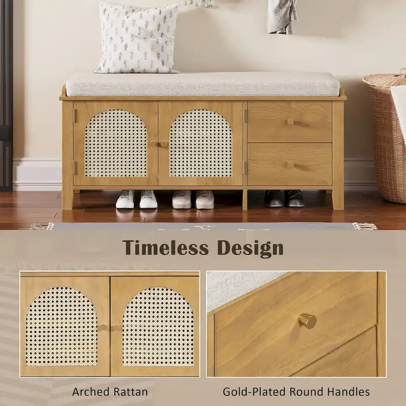 Shoe Storage Bench with Cushion, Rattan & Gold Handles, Adjustable Shelves, Supports 350 lbs Top Weight