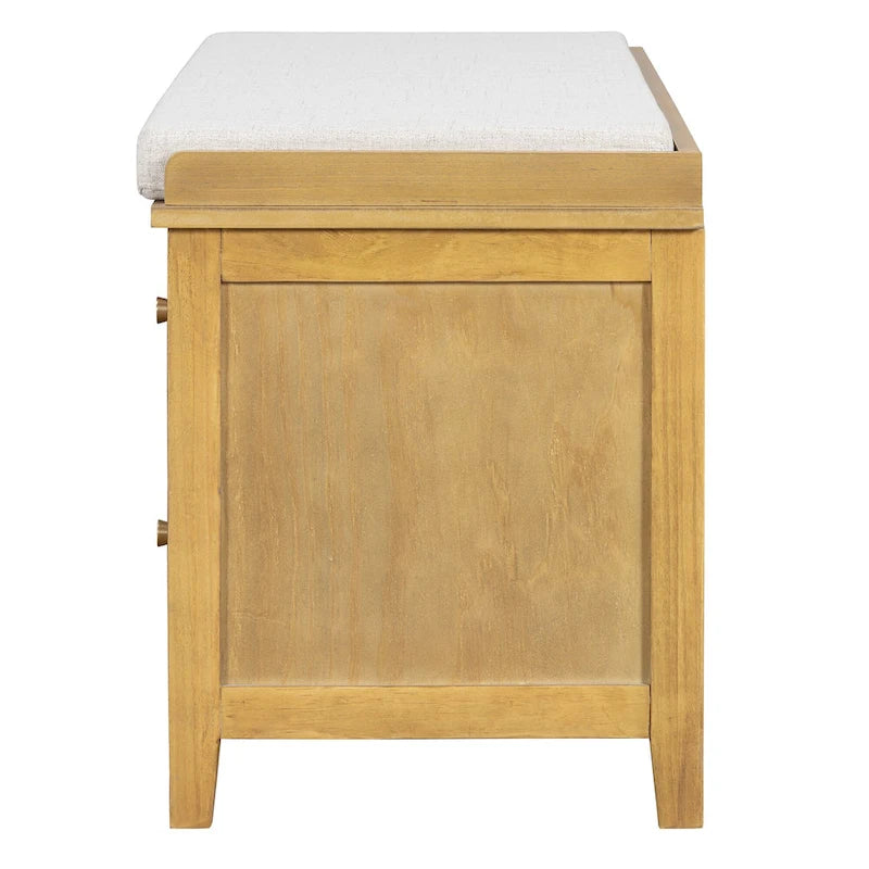 Shoe Storage Bench with Cushion, Rattan & Gold Handles, Adjustable Shelves, Supports 350 lbs Top Weight