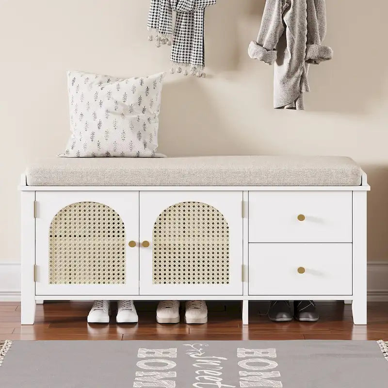 Shoe Storage Bench with Cushion, Rattan & Gold Handles, Adjustable Shelves, Supports 350 lbs Top Weight