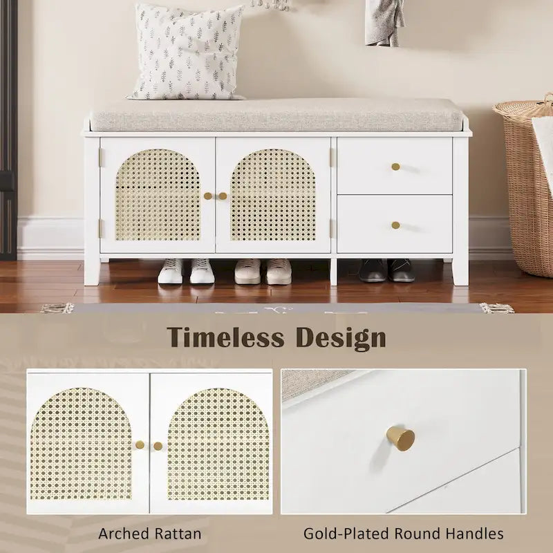 Shoe Storage Bench with Cushion, Rattan & Gold Handles, Adjustable Shelves, Supports 350 lbs Top Weight