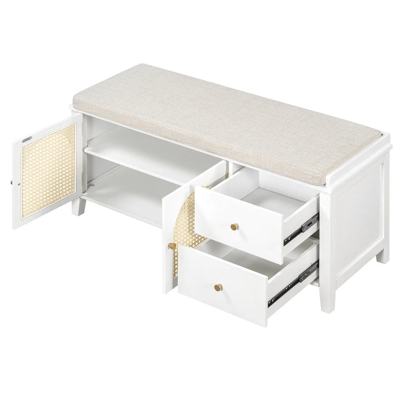 Shoe Storage Bench with Cushion, Rattan & Gold Handles, Adjustable Shelves, Supports 350 lbs Top Weight