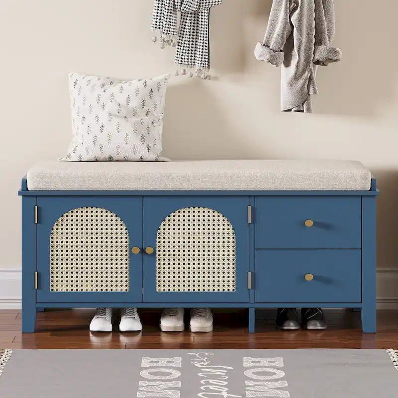 Shoe Storage Bench with Cushion, Rattan & Gold Handles, Adjustable Shelves, Supports 350 lbs Top Weight