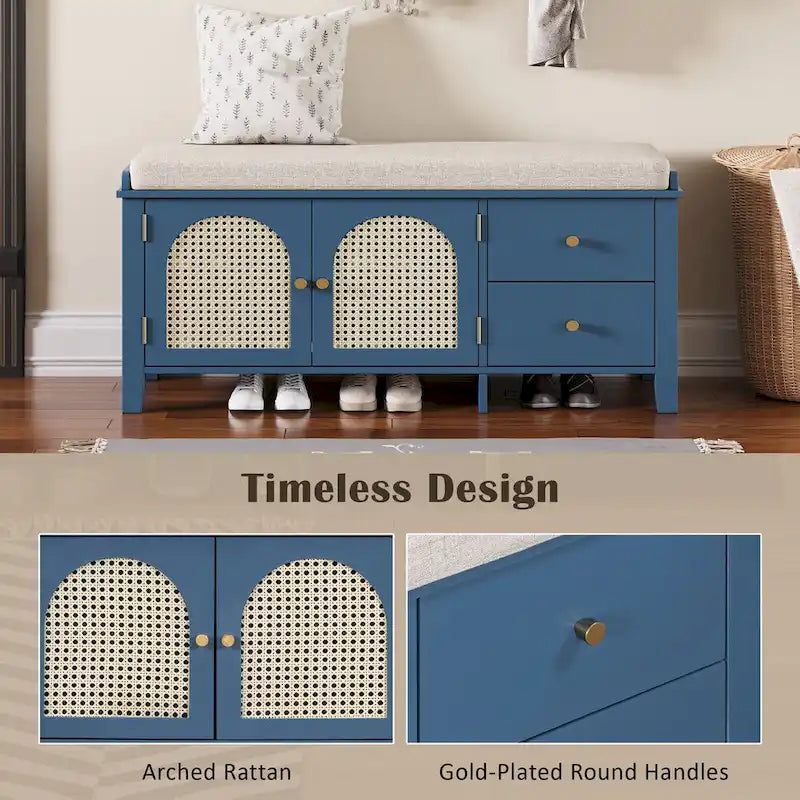 Shoe Storage Bench with Cushion, Rattan & Gold Handles, Adjustable Shelves, Supports 350 lbs Top Weight