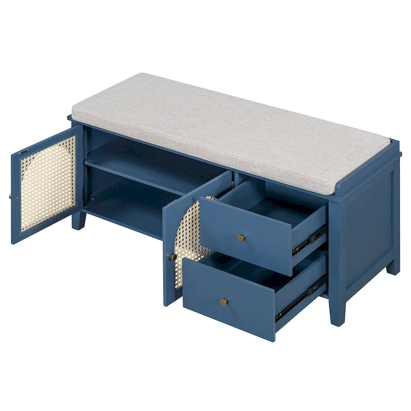 Shoe Storage Bench with Cushion, Rattan & Gold Handles, Adjustable Shelves, Supports 350 lbs Top Weight