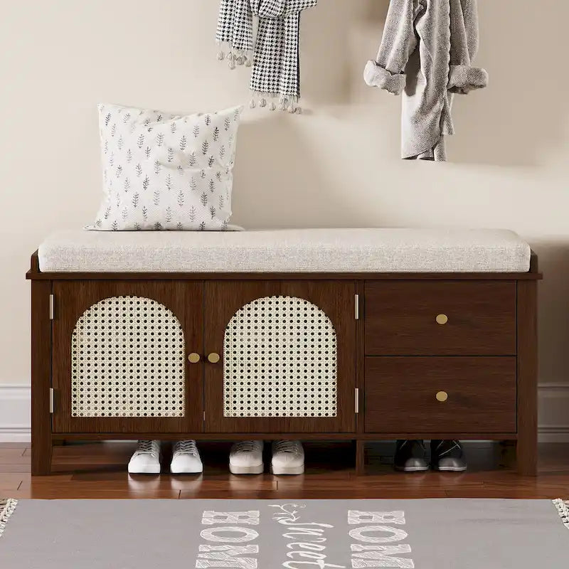 Shoe Storage Bench with Cushion, Rattan & Gold Handles, Adjustable Shelves, Supports 350 lbs Top Weight