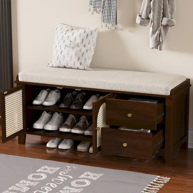 Shoe Storage Bench with Cushion, Rattan & Gold Handles, Adjustable Shelves, Supports 350 lbs Top Weight