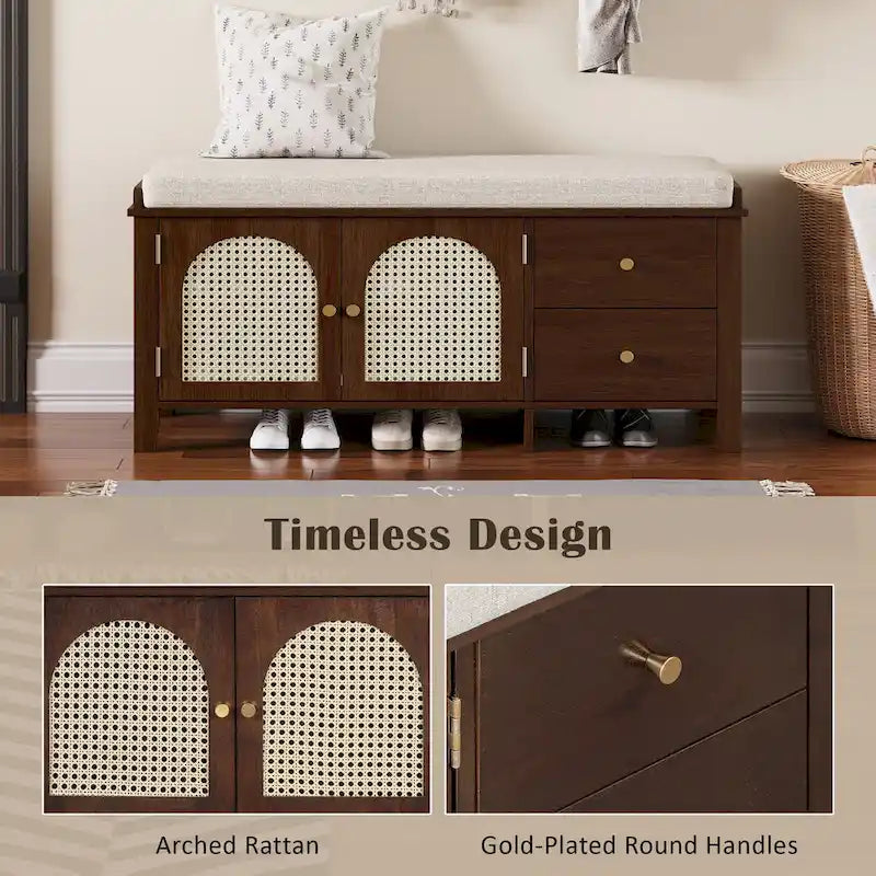 Shoe Storage Bench with Cushion, Rattan & Gold Handles, Adjustable Shelves, Supports 350 lbs Top Weight