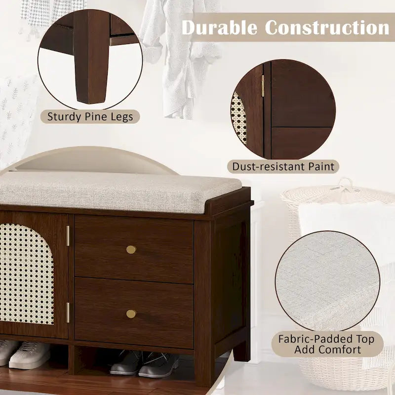 Shoe Storage Bench with Cushion, Rattan & Gold Handles, Adjustable Shelves, Supports 350 lbs Top Weight