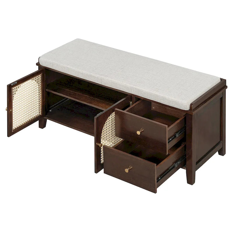 Shoe Storage Bench with Cushion, Rattan & Gold Handles, Adjustable Shelves, Supports 350 lbs Top Weight