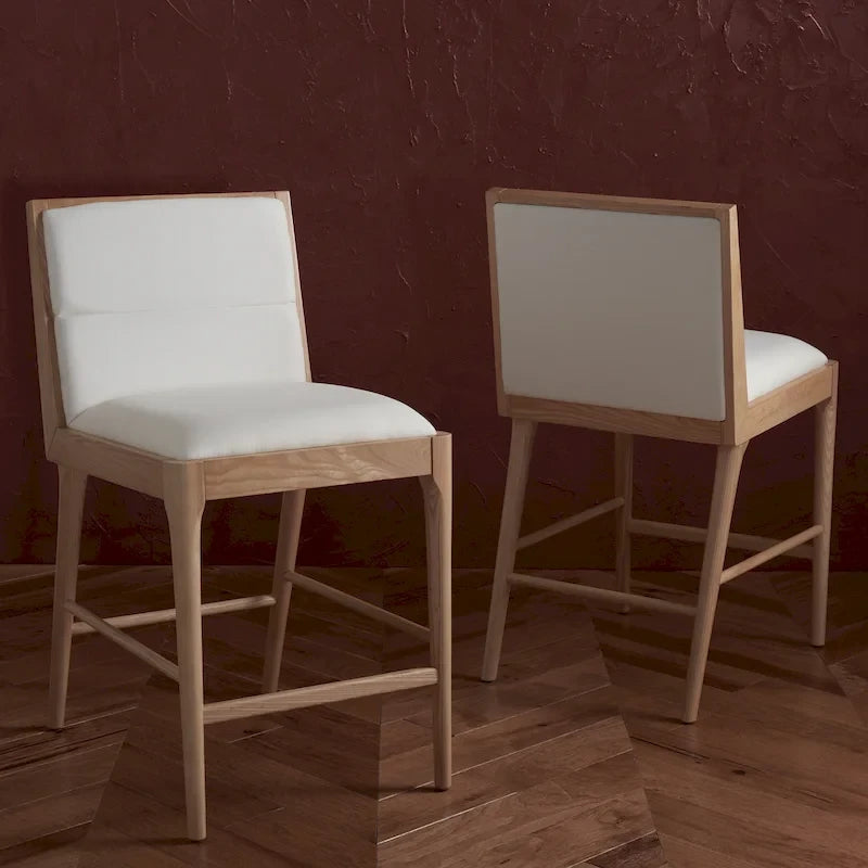 Modern Upholstered Counter Stool with Cushioned Seat & Tufted Back, White Linen & Black Tapered Wood Legs