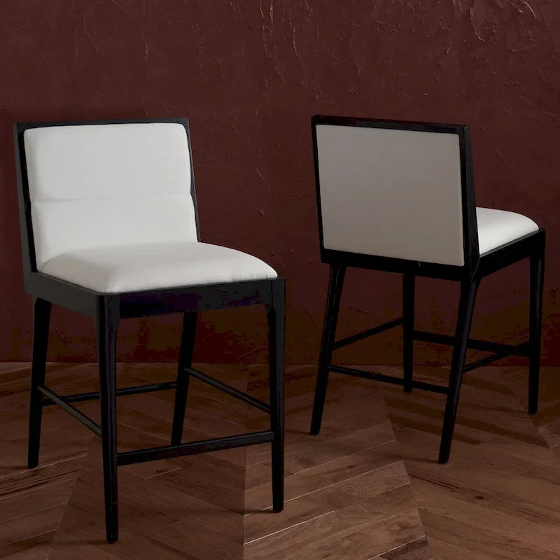 Modern Upholstered Counter Stool with Cushioned Seat & Tufted Back, White Linen & Black Tapered Wood Legs