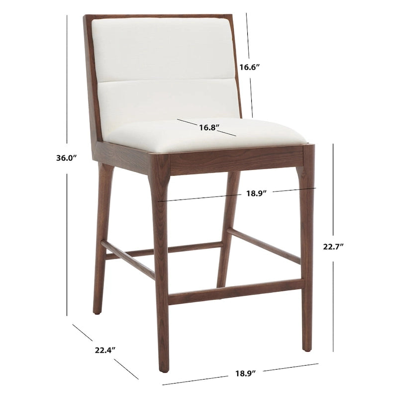 Modern Upholstered Counter Stool with Cushioned Seat & Tufted Back, White Linen & Black Tapered Wood Legs