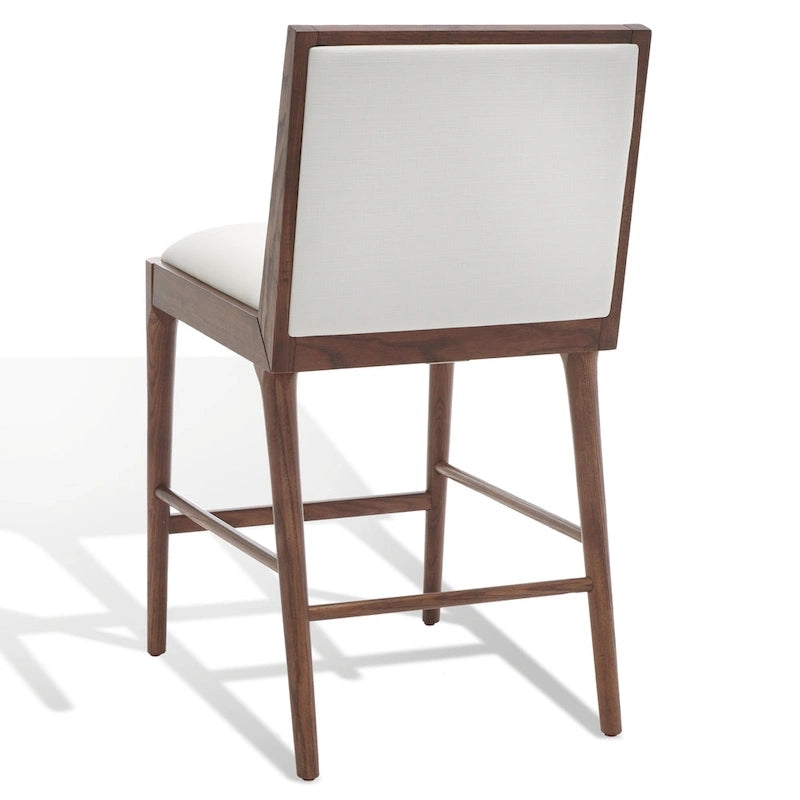 Modern Upholstered Counter Stool with Cushioned Seat & Tufted Back, White Linen & Black Tapered Wood Legs