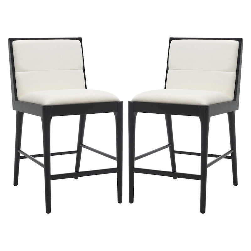 Modern Upholstered Counter Stool with Cushioned Seat & Tufted Back, White Linen & Black Tapered Wood Legs