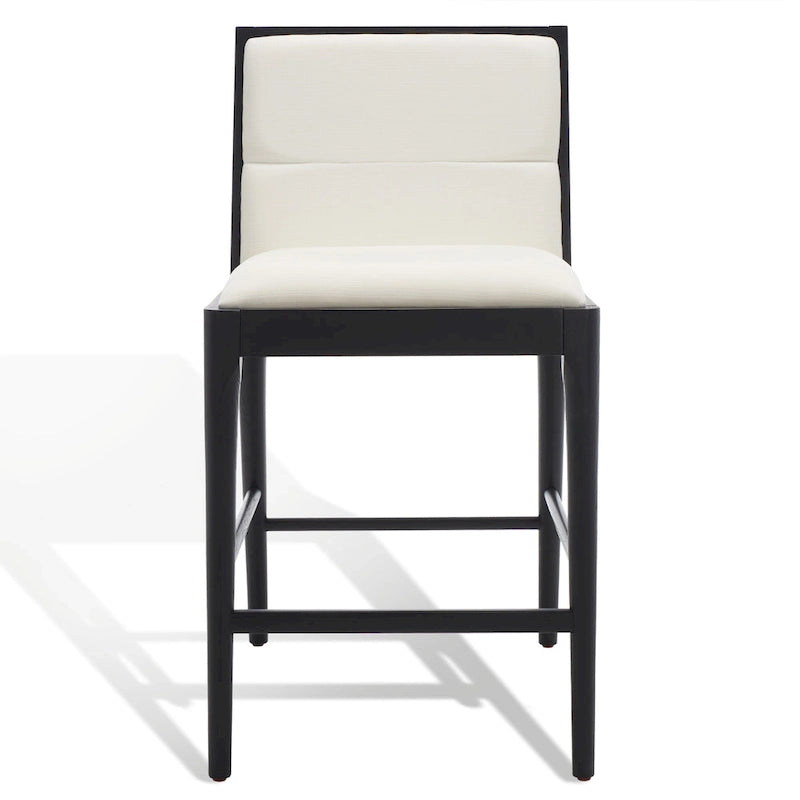 Modern Upholstered Counter Stool with Cushioned Seat & Tufted Back, White Linen & Black Tapered Wood Legs