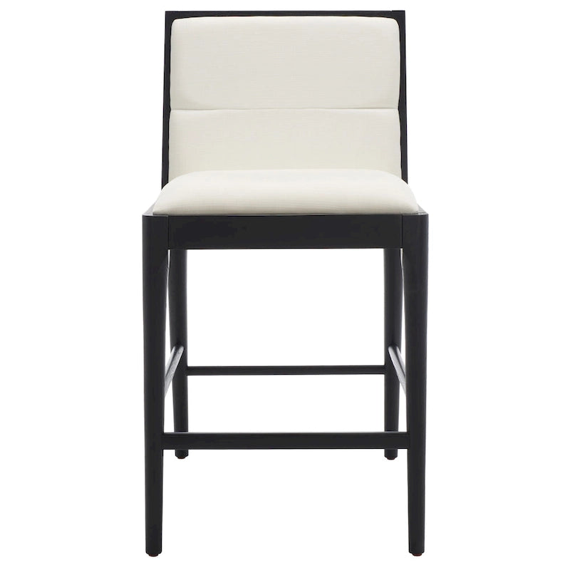 Modern Upholstered Counter Stool with Cushioned Seat & Tufted Back, White Linen & Black Tapered Wood Legs