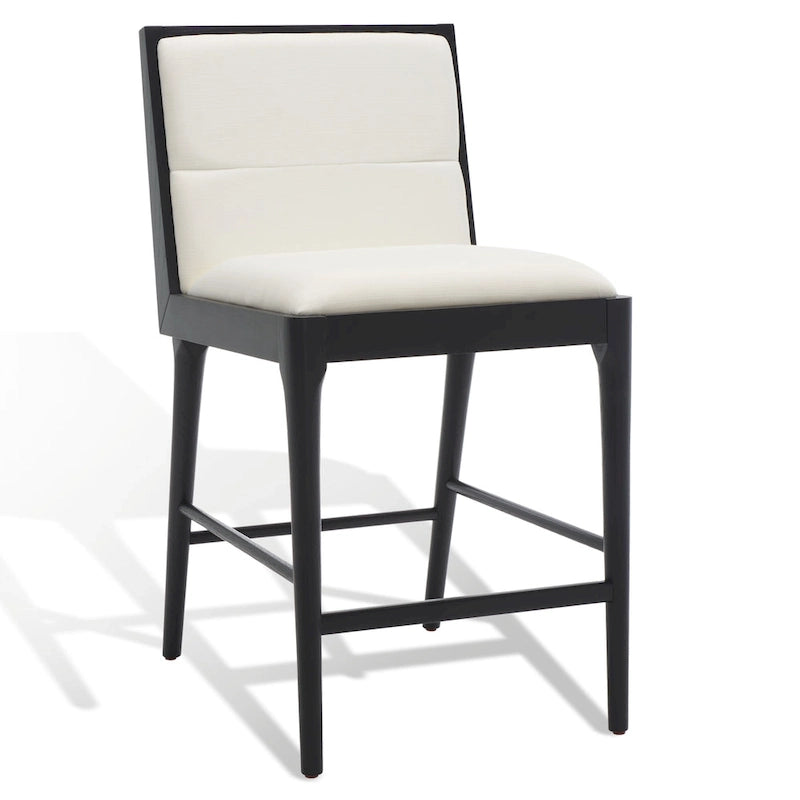 Modern Upholstered Counter Stool with Cushioned Seat & Tufted Back, White Linen & Black Tapered Wood Legs