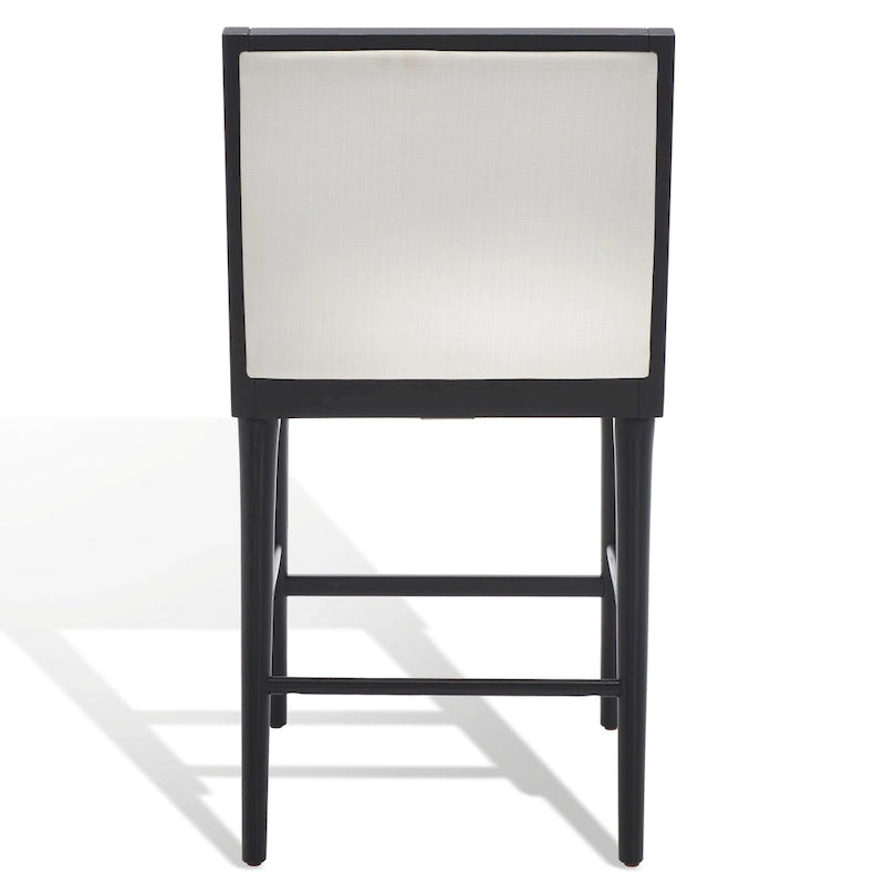 Modern Upholstered Counter Stool with Cushioned Seat & Tufted Back, White Linen & Black Tapered Wood Legs