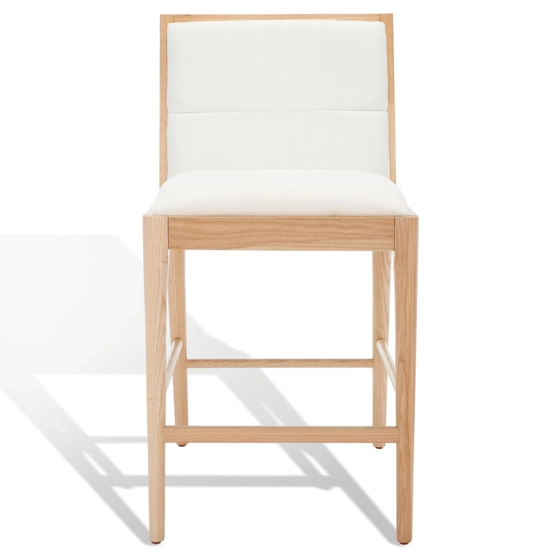 Modern Upholstered Counter Stool with Cushioned Seat & Tufted Back, White Linen & Black Tapered Wood Legs