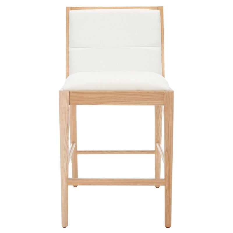 Modern Upholstered Counter Stool with Cushioned Seat & Tufted Back, White Linen & Black Tapered Wood Legs