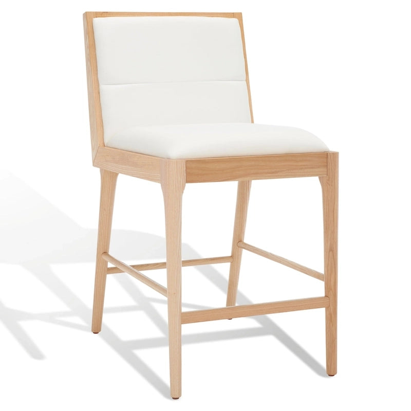 Modern Upholstered Counter Stool with Cushioned Seat & Tufted Back, White Linen & Black Tapered Wood Legs
